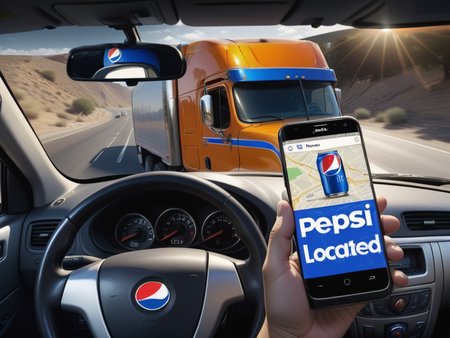 Pepsi GPS, Playing Pepsi GO whilst driving, holding mobile phone, Pepsi Man in rearview mirror, mirror, text on phone says "PEPSI LOCATED", text, flare, imminent collision, bold white font, google maps on phone, pepsi can on google maps, behind the wheel, DUI, under the influence of pepsi, bright headlights, 18 wheeler carrying oil from front, guaranteed multiple car pile up with many casualties, 8K HDR, Studio quality, (I reincarnated as a can of pepsi), Truck-Kun, soft depth of field, cinematic