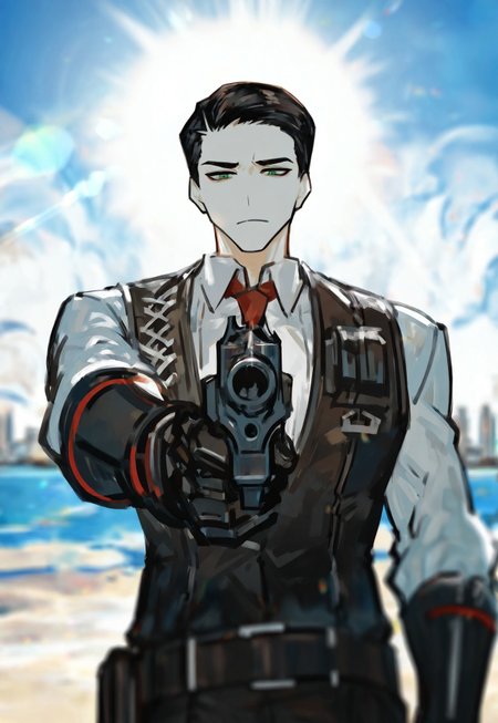 1boy,
meursault \(project moon\), project moon,
(nishikujic),
outdoors, beach, cityscape, straight-on, white background, white theme, sun, sunbeam, bloom, sunlight, lens flare, weapon focus, upper body, holding gun, revolver, solo, foreshortening, depth of field, standing, aiming at viewer, looking at viewer, gauntlets, frown, expressionless, green eyes, black hair, short hair, hair slicked back, collared shirt, white shirt, black pants, long sleeves, black vest, red necktie, 
(((masterpiece, highres, absurdres, perspective, high definition, amazing quality, very aesthetic, best quality, masterpiece, best quality, very aesthetic, highres, absurdres, detailed, high res)))