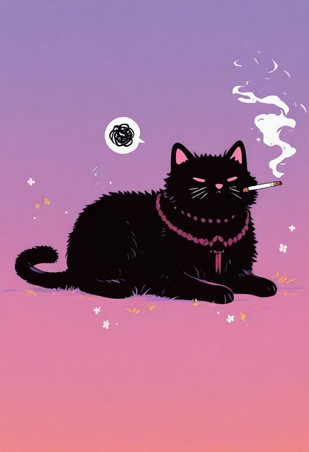 masterpiece, best quality, amazing quality, very aesthetic, absurdres, newest
Flatline, Flat vector illustration
a cat, no humans
smoking cigarette, holding cigarette, arm rest, bored, grumpy, spoken squiggle
blurry foreground
glitch effects
wtfisthis, vdsur, surreal <lora:spo_sdxl_10ep_4k-data_lora_webui:0.8> <lora:reij-detaILer_v2:0.4> <lora:Wtf-is-this-LoRA:0.8> <lora:Flatline_vector_illustration_v1.0:1> <lora:Vonderful_Psychasurreal:0.8>