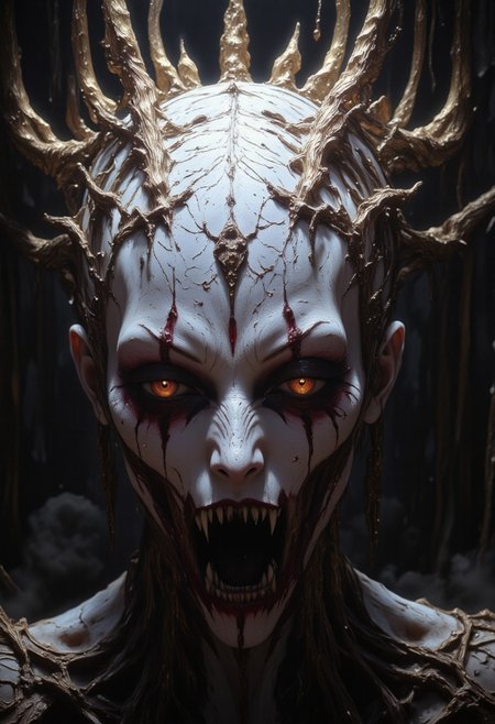 the Mokosh is an ancient drow and mythical female creature. She has long, sharp fangs for teeth and many spikes protruding from its head as it stares at the viewer with old soulless eyes, Her skin is white, engraved stone where every grove tells a story. She wears makeup like a clown. It is snarling menacingly at the viewer, demanding respect and loyalty. Extreme closeup head portrait, hyperdetailed, 8k resolution concept art, WLOP, Moebius, H.R. Giger, Royo, muddy, dark colors, minimal lighting, hyperrealism, digital illustration, intricate,( vapor:0.9), dorian cleavenger, brom, hyperrealism, digital illustration, horror, dark environment, (&:0)t  (photography, high-resolution, dynamic, energetic,hyper-realistic, dramatic lighting, shallow depth of field.)