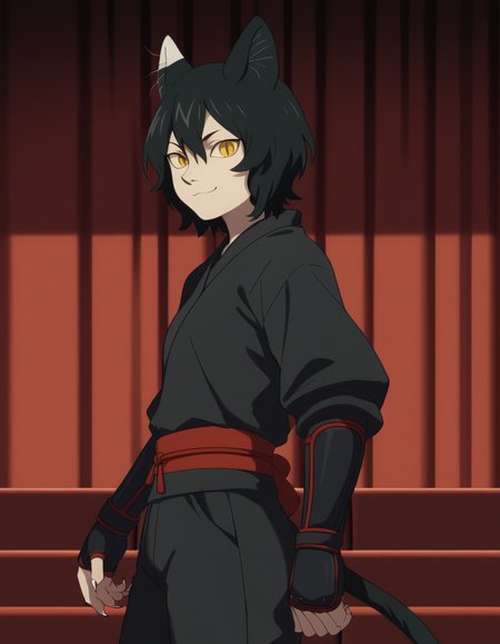 score_9, score_8_up, score_7_up, source_anime, <lora:izutsumi-s1-ponyxl-lora-nochekaiser:1>, izutsumi, black hair, animal ears, tail, yellow eyes, cat ears, cat tail, cat girl, slit pupils,, japanese clothes, gauntlets, ninja, black shirt, black pants,, theater, stage, seats, performance, curtains, smile, from side, looking at viewer, solo,, dutch angle, cowboy shot