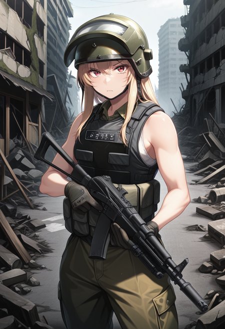 masterpiece, best quality, 4ltyn, combat helmet, visor (armor), 1girl, solo, military, military uniform, cowboy shot, sleeveless, bulletproof vest, athletic, ruins, street, (visor on face),