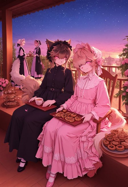 aakkuroyuki, masterpiece, best quality, very aesthetic, absurdres, highres, 2females, duo, monster girls, {{ferret girl:0.8}}, {{rose girl}}, {{rose petal hair}}, {{anthro hybrid}}, {{ferret ears:0.3}}, (snout), {{white fur}}, long fluffy tail, {{ferret girl}}, {{pink sclera}}, japanese-idol-outfit, rose dress, pink dress, natural, garden, manor, springtime, {{sitting}}, leaning back, rocking chair, relaxed, calm, kuudere, fang, kind eyes, {{facing viewer}}, {{legs crossed}}, {{holding tea mug}}, curled tail, pastries, snack tray, side table, 1female, {{traditional maid}}, headdress, black dress, long skirt, mary janes, leaning over, smile, service, {{pouring tea for master}} {{pink make up}}, multiple girls, 2girls, {{master and servant}}, {{flower garden}}, twilight, starry sky, porch, {{background abstract roses}}, 1600's fashion, soft pink glowneon, scenic view, cinematic lighting,close up, face focus, {{psychedelic realm:1.1}}, {{wonderland:0.6}}, soft colored pallete, meticulously detailed image 