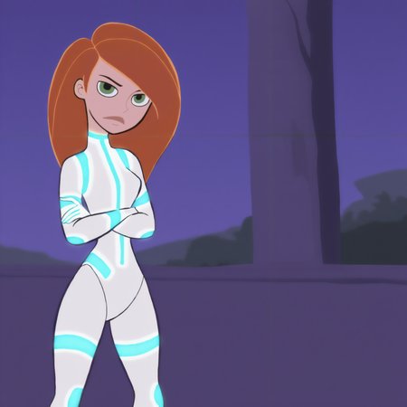 <lora:Kim_Possible_Style_6c_Illustrious_aon:1> kmstyle, masterpiece, best quality, outdoors, night, dark, looking at viewer, closed mouth, 1girl, solo, kimaps long hair, orange hair, green eyes, white bodysuit, blue trim, white gloves