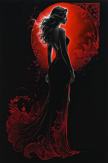 Poster, close-up, Full body, Shadow art, red outline drawing on a dark black background, Red outline silhouette, flowing hair, silhouette of a beautiful young woman, perfect physique, slender graceful forms, charming modesty, perfection in a tight black silk dress, resolution 8k, Side view, Shadows, Mysterious,
style of Jean Baptiste Monge, Thomas Kinkade, David Palumbo, Carne Griffiths.<lora:EMS-368692-EMS:0.300000>, <lora:EMS-365382-EMS:0.500000>, <lora:EMS-268948-EMS:0.200000>