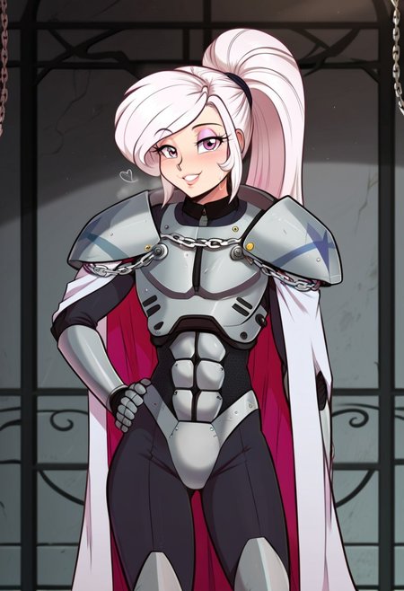 <lora:Scorpdk_Style_PonyXL:0.8> by scorpdk, scorpdk, score_9, score_8_up, score_7_up, score_6_up, score_5_up, score_4_up, source_furry, source_pony, rating_suggestive, humanized, equestria girls, celestia, princess celestia, 1girl, solo, female, solo female, seductive pose, sultry pose, hand on hip, indoors, military bunker, underground bunker, beautiful, seducing viewer, superior pose, detailed background, ponytail, skindentation, flat colors, blushing, blushing female, smiling, smiling female, ecstasy, horny, in heat, sweat, bedroom eyes, seductive look, naughty face, seductive smile, cute face, looking at you, looking pleasured, smiling at you, makeup, eye shadow, alternate hairstyle, white hair, silver hair, midwest_pa, power armor, dusty armor, chain on shoulder, short white cape, easynegative, <lora:add-detail-xl:-1>