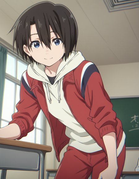 score_9, score_8_up, score_7_up, source_anime,
yuzurunishimiya, <lora:yuzuru-nishimiya-movie-ponyxl-lora-nochekaiser:1>,
yuzuru nishimiya, short hair, blue eyes, black hair, hair between eyes,
jacket, open clothes, pants, hood, open jacket, hoodie, red jacket, red pants, track pants,
indoors, classroom, bent over, smile,
looking at viewer, solo, cowboy shot, dutch angle,