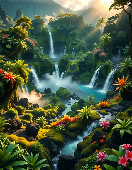 A breathtaking view of an ancient, dormant volcano now transformed into a lush, vibrant natural sanctuary. The crater is filled with dense tropical forests, colorful exotic flowers, cascading waterfalls, and mist swirling gently in the morning light. Vines and moss cover the dark volcanic rocks, and small streams wind down the slopes. while rays of sunlight pierce through the dense canopy, creating sparkling reflections on the water. The atmosphere feels peaceful, enchanted, and untouched by humans. The scene is depicted in an ultra-detailed, hyper-realistic style, with warm, soft lighting and rich, saturated colors that enhance the magical and serene mood of the landscape.
<lora:SDXLFaeTastic2400:0.4> <lora:extremely_detailed:0.4> extremely detailed, <lora:dormant_v0lc4n0:1>,dormant v0lc4n0, Masterpiece,best quality,hi res,8k,hi res,8k,award winning,(sharp focus, intricate, highly detailed),