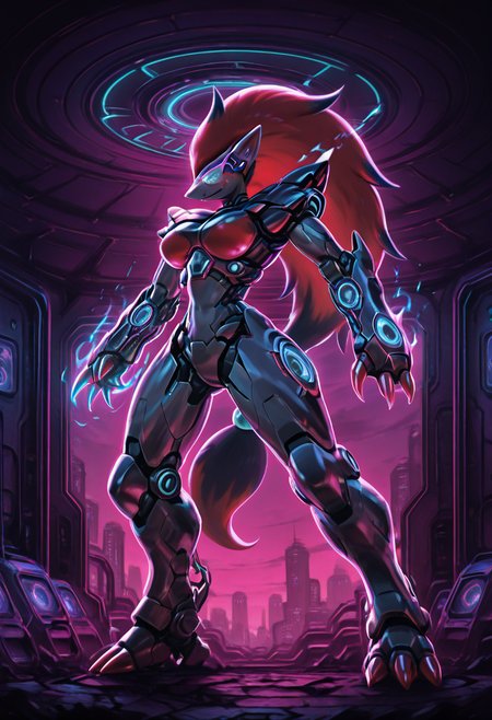 masterpiece, best quality, no humans,    <lora:ZoroarkPokedex_IXL_v1:1.0>,   zzZoroark, 1girl, solo, neon-highlighted bob, gravity-defying braid, armored exosuit, plasma claw gauntlets, kinetic boots, segmented chestplate, utility rig, derelict starship interior, blue emergency lights â Inside the shattered hull of a drifting starship, she clings to the ceiling with clawed gauntlets glowing hot. Sparks rain from torn circuitry, her visor pulsing with threat detection. Zero-G debris floats around her as she kicks off, claws aimed at the approaching shape. D1sc0Pnk, mecha, <lora:DiscoPunk_IXL:0.7>,