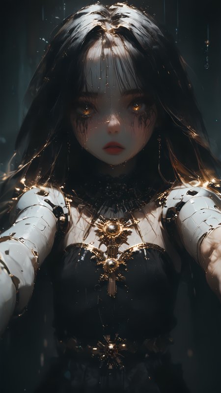 score_9, score_8_up, score_7_up, rating_safe, solo,
1girl, black dress, gothic dress, black hair, long hair, gold eyes, starburst eyes, bright eyes, detailed eyes, hands out, ball joints, lace, mechanical parts,
fake eyes, 3d style, blank eyes, reelmech, glass eyes, running mascara, black maskara, thick mascara, flat chest, ragdoll look, gold thread, parted lips, bare arms, sleevless, mechanical arms, robot,  facing viewer, outstretched arm, from front, raining, rain, tears, (hands reaching for viewer,:1.5) broken parts, leather belt,arms reaching for viewer,
<lora:Expressive_H:1> <lora:princess_xl_v2:1> <lora:Fant5yP0ny:1> <lora:Vixons Pomy Styles Gothic Neon:.45> <lora:HKStyle_V3:1> <lora:Reelmech_pony_ed_v1_3:1> <lora:PDXL_Lucanna_BJD_v1:1> <lora:CRYSTALCRYBABY:1>