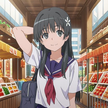 nsfw, masterpiece, best quality, amazing quality,1girl, solo, behind head, index_railgun_saten_ruiko, smile, sakugawa school uniform, black eyes, black hair, long hair, hair ornament, hair flower, serafuku, arm on back head, bag, indoors, market, <lora:Saten_Ruiko_-_Index_Railgun:0.7>