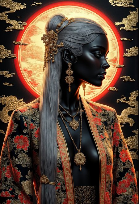 midjourney_whisper_avant_couture, Silhouette Art, breathtaking detailed, masterpiece, awe-inspiring, radiant, magnificent, stunning oriental woman, long loose silver hair, gold, black and red cheongsam with eastern dragon designs, earrings, necklaces
