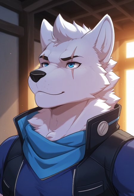 max, solo, alaskan malamute, furry, smile, blue eyes, scar across eye, muscular, dynamic angle, face focus, portrait, blue shirt, short sleeves,  sleeveless jacket, high collared, blue scarf, open jacket, BREAK masterpiece, best quality, amazing quality, very aesthetic, high resolution, 4K, extremely-detailed, depth of field, separate focus, newest, detailed background, detailed fur, detailed muscles, cinematic lighting