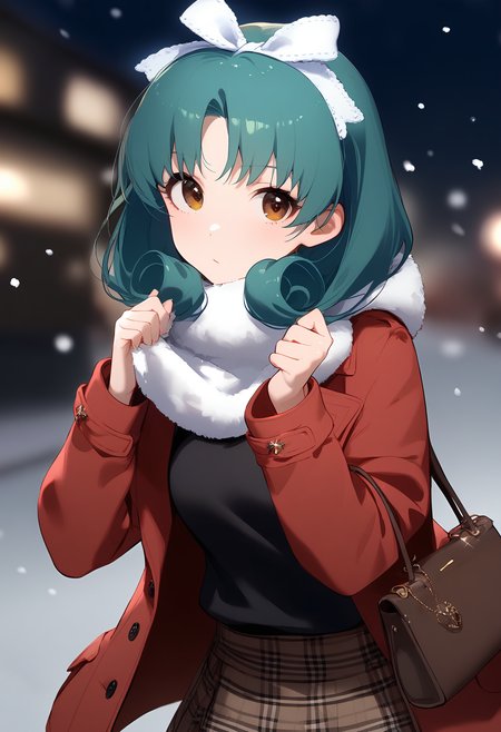 1girl,
tokugawa matsuri,


looking at viewer, green eyes, brown skirt, black sweater, curly hair, skirt, open clothes, coat, red coat, pink coat, bag, blurry, plaid, closed mouth, brown eyes, holding, holding bag, virtual youtuber, holding scarf, fur collar, long sleeves, snowing, blurry background, hands up, scarf, ribbon, standing, hair ribbon, jacket, cowboy shot, handbag, white ribbon, short hair, solo, plaid skirt, sweater, holding clothes, open coat,

sfw
<lora:a31_char_new_tokugawa_matsuri-000026:1> <lora:a31_style_koni-000010:0.8>