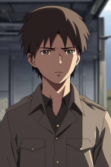 high resolution, solo, best quality, 1Boy, Takaki Toono, Brownish Hair, Brown Eyes, military, action, OverallDetail