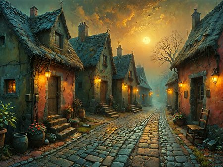 Professional photography. 

Quaint cottages on a meandering cobblestone street. 

Blissful sunset hues. Warm tones, warm hues.

Atmospheric, rustic, moody.

<lora:OMG-Is-DucHaiten_v1.0:1.0>
<lora:sdxl_lora_beksinski-000018:0.1> digital artwork by Beksinski 
<lora:The_Dark_Side_of_the_Earth:0.2>
<lora:DonMP4ste11F41ryT4l3XL-000008:0.4> DonMP4ste11F41ryT4l3XL 