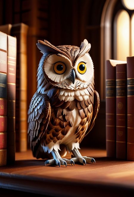 majestic owl made out of novuschroma53 style, 
photography, cinematic shot, (extremely delicate and beautiful), highly detailed, intricate details, dramatic composition, contrast, texture, realism, high quality, stunning art, film grain, volumetric lighting, detailed, 
background is cozy library,