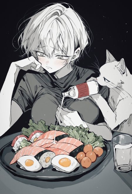 1girl, white cat, animal focus,
na tarapisu153, nishiii26miii, maki keigo, (brassica, godiva ghoul:0.6),
,
blush, bottle, closed mouth, cup, pouring onto self, depressed, looking at another,  drink, drinking glass,  frown, holding, holding drink, looking at food, milk, simple background, solo, spot color, upper body, salad, fruits, food, sushi, sashimi, egg,  head rest, elbow rest,  table,
black background, 
masterpiece, high score, great score, absurdres,