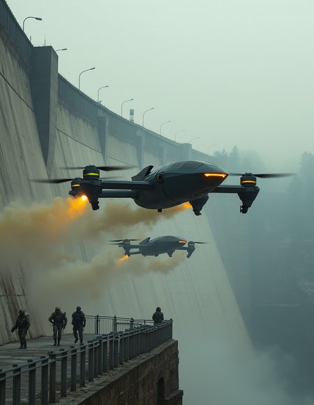A huge concrete dam. Three multi-legged black drones with colored indicators on the hull are moving along the vertical wall of the dam. They release yellow smoke for camouflage. Several special forces personnel in combat gear are standing on the surface of the dam at the fence.. Technologically, futuristic. 

 (Depth of field, beautiful bokeh). 

mythp0rt, InCase Style.

nigiex.   
.  

 
Depth of field, masterpiece., Hasselblad 500C camera, 20mm medium-format film. 


