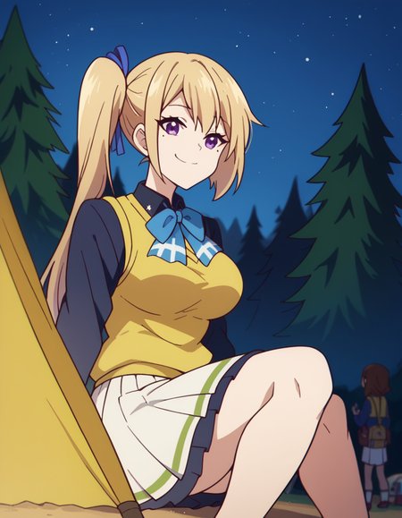 score_9, score_8_up, score_7_up, source_anime, <lora:mai-kawakami-s1-ponyxl-lora-nochekaiser:1>, mai kawakami, blonde hair, hair ribbon, long hair, mole, mole under eye, ribbon, side ponytail, purple eyes, large breasts,, school uniform, skirt, vest, yellow vest, skirt, white skirt,, camping, bonfire, tent, stargazing, marshmallows, forest clearing, night, smile, , smug, solo,, dutch angle,