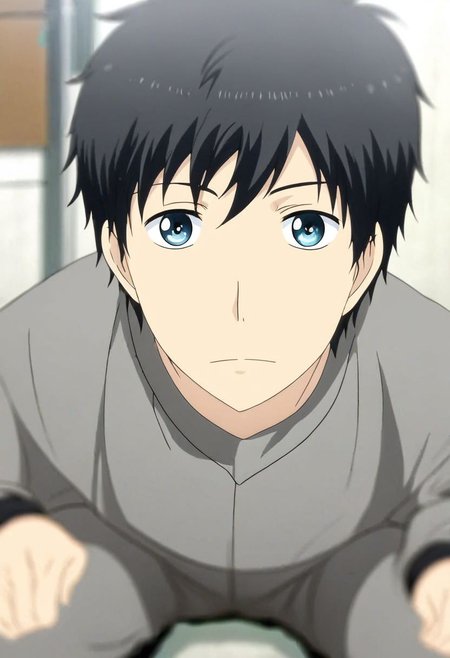 high resolution, solo, best quality, 1Boy, Arata Kaizaki, Black Hair, Blue Eyes, lofi, candid, squat, depth of field, photo model, looking at viewer, OverallDetail