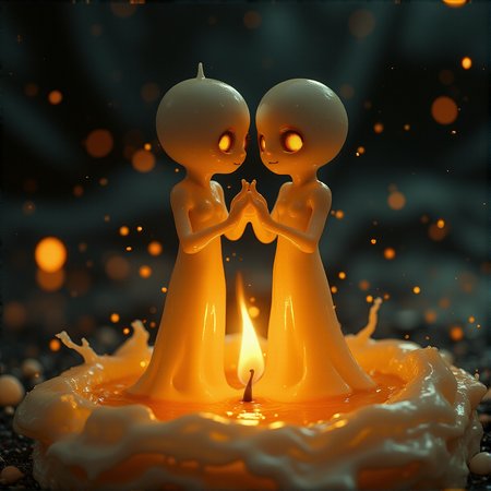 Two tiny wax-like spirits, resembling delicate humanoid figures, stand together inside a candleâs wick, their hands intertwined as they ignite into a single flame. Their eyes glow softly, reflecting the warmth of the fire, as they embrace their fate. The melted wax forms a liquid pedestal around them, like a protective cocoon. The scene is emotional, dark yet full of warmth, with a painterly fantasy aesthetic, soft brush strokes, and cinematic lighting.
masterpiece, best quality, high resolution, very aesthetic, absurdres, newest, professional, high-quality, hyper-realistic, detailed eyes, realistic body, cinematic still, particles, high contrast, (best quality:1.1), realistic, ultra-detailed, very aesthetic, amazing quality, HDR, 8K, volumetric light, atmospheric, soft lighting, captivating, breathtaking,