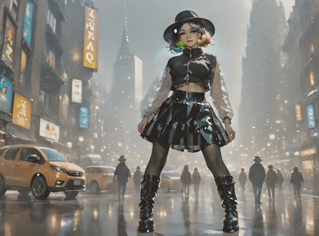 score_9, score_8_up, score_7_up, setting focus, character in foreground, establishing shot, 1girl, pale skin, medium breasts, <lora:sm0k3XLP:1>, <lora:goth_clothes:1>, (black sunhat, black stockings, black skirt, black top, zipper boots, neon hair color, two tone hair, <lora:_sdxl-gaming-pony:1>, <lora:vivid_everclear:1>,