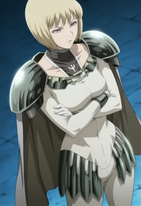 anime screencap, anime coloring, 1girl, solo, <lora:DX888ClareIL:1>  clare, blonde hair, grey eyes, blonde hair, bob cut, cape, bodysuit, pauldrons, BREAK  blue background, mosaic background, BREAK from above,  dutch angle, contrapposto,  crossed arms,
