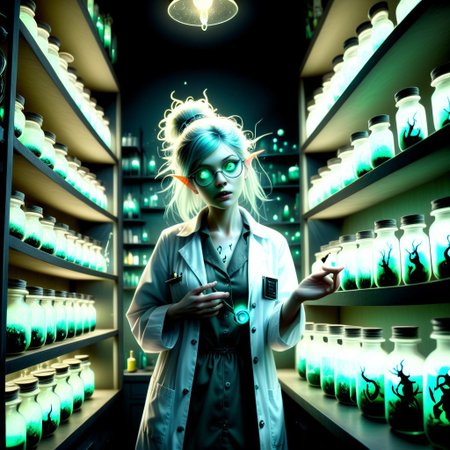 Shelves of a bioluminescent pixies, nymphs and fairies in a glass jars. eerie.Dark 
Fantasy style.female mad scientist, dirty lab coat, cluttered messy laboratory, cryptozoologist,,  Fantasy dreamlike art.
Female Mad scientist