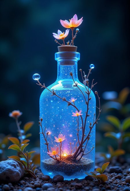 best quality, reality-shot, realism, realistic photography of a fantastical Bioluminescent bottle with whimsical elements, opalescence, magical fairytale landscape, elaborate fantasy style art, electric blue theme, intricate details, ultra sharp, exquisite detail, flawless composition, vivid colors, masterpiece, exciting background, art nouveau, glowing, fantasy