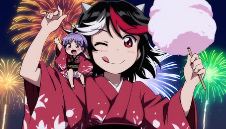 masterpiece,best quality,<lora:tgm-noob05:1>,anime coloring,
minigirl,multiple girls,2girls,kijin seija,sukuna shinmyoumaru,japanese clothes,kimono,horns,fireworks,red eyes,purple hair,short hair,tongue out,tongue,black hair,multicolored hair,red hair,streaked hair,sash,sitting on shoulder,food,obi,wide sleeves,smile,night,long sleeves,white hair,open mouth,holding food,cotton candy,red kimono,alternate costume,sky,holding,outdoors,upper body,on shoulder,one eye closed,looking at another,size difference,aerial fireworks,:q,looking at viewer,arm up,