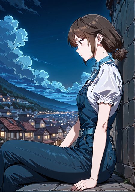 <lora:Eleanor_Leywin__The_Beginning_After_the_End__Illustrious:1>
1 girl, solo, brown hair, brown eyes, bangs, small breasts
blue bowtie, white shirt, puffy sleeves, short sleeves, low ponytail, short twintails, short hair, blue overalls
score_9, score_8_up, score_7_up, score_6_up, source_anime, masterpiece, best quality, absurdres, highres, newest, anime coloring <break>  1girl, solo, sitting, on wall, from side, town, night sky, cloud, <lora:iLLMythG0thicL1nes:1>