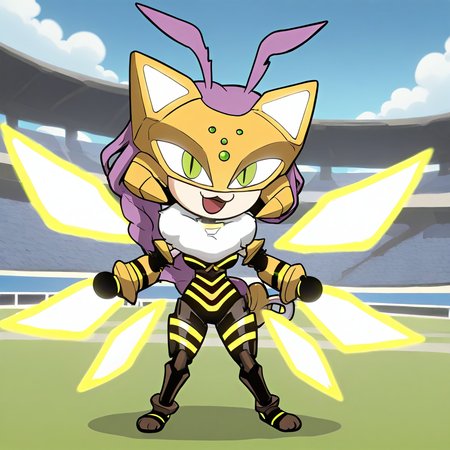highres, best quality, masterpiece, very aesthetic,1girl,solo,queenbeemon,purple hair,braided ponytail,hair ornament,green eyes,antenna,ank_pdl, <lora:QueenBeemonIllustrious:1>, full body,chibi,(neco-arc),:3,slit eyes,outdoors,football stadium,energy wings,cat ears,cat girl