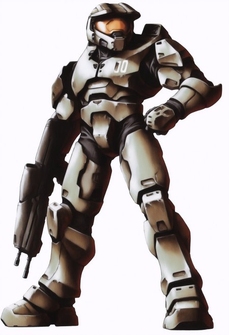 masterpiece, best quality, solo, 1boy, looking at viewer, <lora:FF7-Offical-Art-illus_Fp:1>, 1990s \(style\), simple background, white background, full body, standing, <lora:masterchief-halo-richy-v1_ixl:1>, masterchief, helmet, visor, power armor, assault rifle,