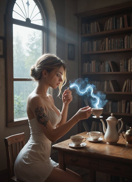 score_9, score_8_up, score_7_up,
Storm in a teacup, steam producing large whirlwind,
she is thin, tall, busty, sat with teaspoon in hand,
Cinematic lighting,couple,
masterpiece, best quality, highly detailed, sharp focus, dynamic lighting, cinematic lighting, volumetric lighting, realistic,eye catching,many shelves with books and many strange clocks, magic mirror, tattoo at her feet