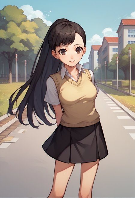 score_9, score_8_up, score_7_up, source_anime, 1girl, looking at viewer, smile, arms behind back, <lora:zs_RioXL:1> riop3, black hair, long hair, ponytail, asymmetrical bangs, brown eyes, sweater vest, medium breasts, black skirt, miniskirt, bare legs, outdoors, school