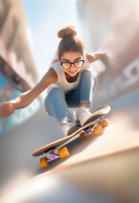 High resolution photo of a beautiful girl with a high bun, shredding on a skateboard at a ramp in a skatepark. Motion blur captures her movement, sunlight casts a long shadow, and details like her glasses and denim pants are clear. She wears a baseball cap backwards, showcasing a hint of midriff and beautiful eyes. The background blurs with speed, creating a dynamic scene.