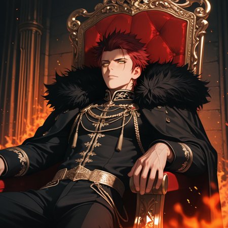 masterpiece, best quality, amazing quality, absurdres, newest, detailed background, definition so sharp, Ultra-HD, 8K cinematic, very awa, impressionate, amazing quality, highres, 
solo, male focus, manly, 
1boy, spiked hair, short hair, mikoto_red hair, mikoto_yellow eyes, mikotosuoh, royal attire, fur trim, dim lighting, shadows, regal, commanding presence, confident, unapproachable, burning embers, faint light, throne, leaning back, relaxed pose,
