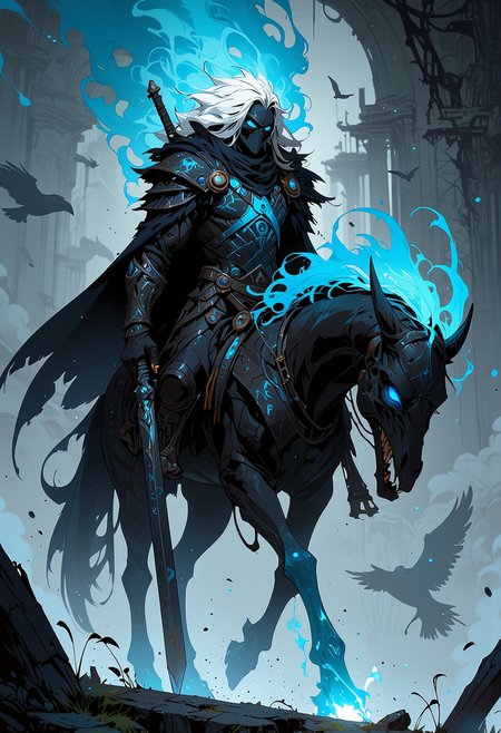 This detailed digital artwork features a male warrior in Death Knight-inspired heavy armor, mounted on a vicious undead steed. His long hair is black and white, interspersed in a striking pattern, flowing from beneath a dark helmet adorned with raven and feather motifs that completely obscure his face.
The black armor, with blue and silver accents, is adorned with gothic designs and emits an eerie glow. Black feathers are integrated into the armor, particularly around the shoulders, enhancing the dark theme. The warrior grips a massive, dark sword, thrust into the ground, matching the runes and patterns on his armor.
The undead steed, equally menacing, has a skeletal frame and dark, jagged armor with glowing runes. Its eyes burn with a fierce blue light, and its hooves leave behind trails of ghostly blue flames. Jagged spikes and heavy chains wrap around its body, emphasizing its brutal nature.
The background is a swirling mist filled with shadowy silhouettes of ravens and dark tendrils, adding to the ominous atmosphere. The cool blues and whites in the palette contrast sharply with the dark armor, creating a striking, mystical scene.
Niji Stan Katayama style.