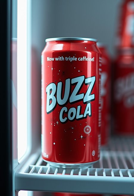 A can of "BUZZ Cola" with the text "Now with triple caffeine!", no other text on can, realistic, masterpiece, photo-realistic, inside a refrigerator