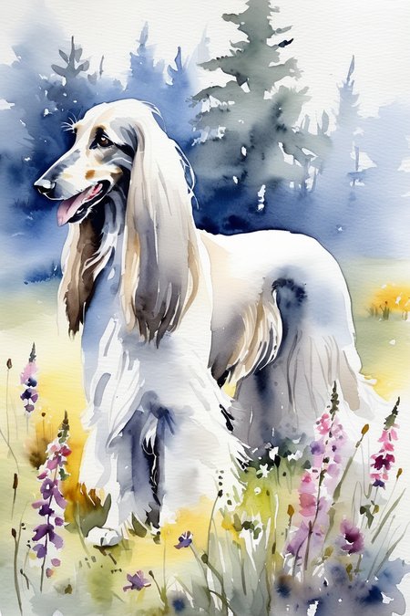 Watercolor watercolor painting,1 afghan hound,gray main tone,watercolor,<lora:Watercolor _sdxl:0.5>,Watercolor style,the woods in the distance,the grass is full of wild flowers,depth of field,