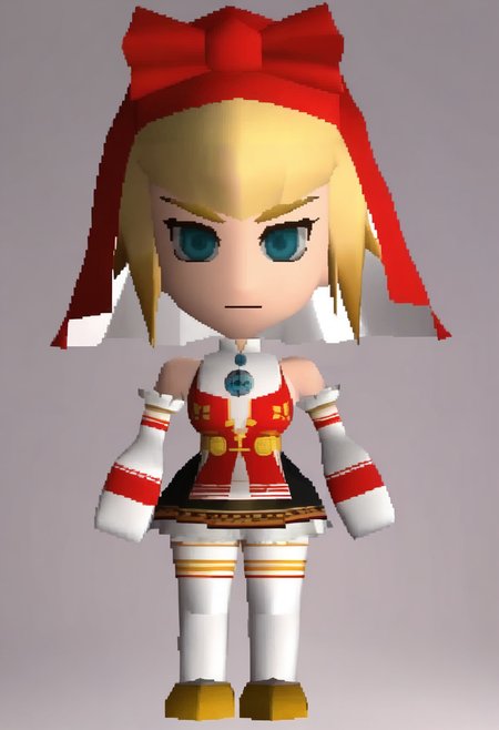 masterpiece, best quality, solo, 1girl, looking at viewer,  <lora:FF7-Chibi-illus_Fp:1>, full body, simple background, 3d, chibi, <lora:Idun-illus_Fp:1>, s5un, blonde hair, blue eyes, short hair, veil, bow, red dress, collared dress, bare shoulders, black skirt, elbow gloves, brooch, white thighhighs, white gloves, frills