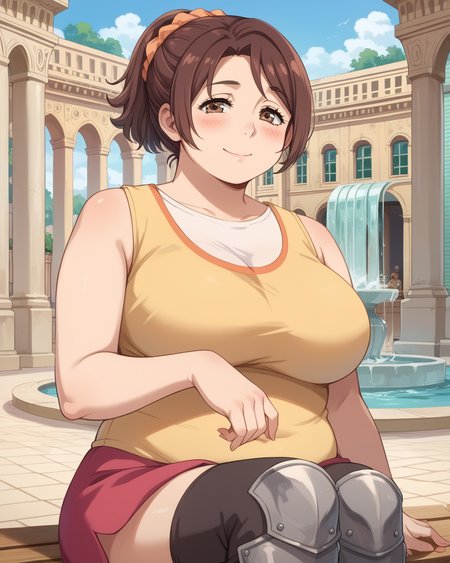 score_9, score_8_up, score_7_up, score_6_up, source_anime, ah1, looking at viewer, 1girl, ponytail, blush, scrunchie, short hair, hair scrunchie, hair ornament, breasts, large breasts, indoors, mature female , <lora:AnnaBuddy:0.8> AnnaHanyu, plump,  gentle smile, huge breasts, brown hair, brown eyes, (Roman Forum, bustling marketplace with marble statues, stone columns, vendors selling goods, citizens in togas, a central fountain), (Resting on a bench in a busy city, looking tired but content after a long day of exploring,), (steel bascinet with nasal guard, sleeveless hauberk with brass rivets, woolen breeches, leather greaves),