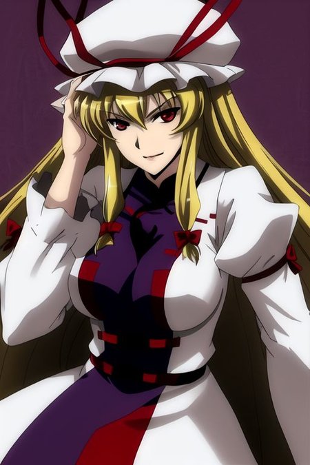 yakumo yukari, 
1girl, blonde hair, breasts, dress, hat, hat ribbon, head rest, impossible clothes, large breasts, lips, long hair, long sleeves, red eyes, ribbon, sidelocks, smile, solo, tabard, white dress, 
masterpiece, best quality, very aesthetic, absurdres, pixiv, anime coloring