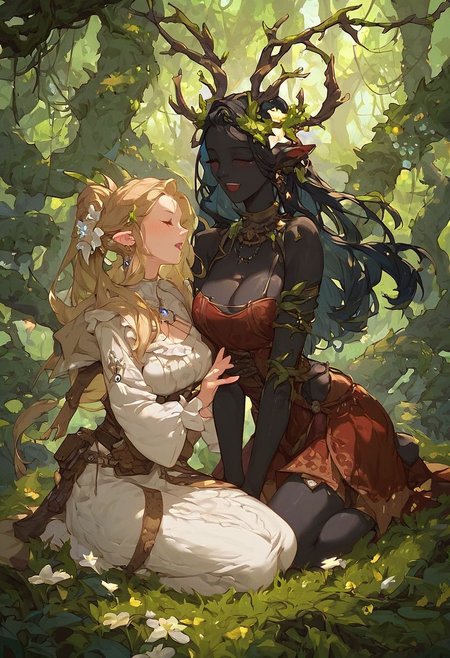 score_9, score_8_up, score_7_up, black skin, glowing antlers with flower on them, fantasy forest, druids singing, highly detailed, fully clothed, 2girls, vines, highly detailed face.