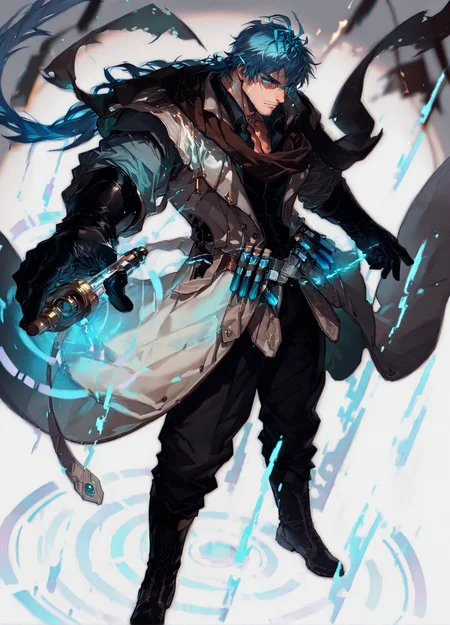 <lora:Ignacio__Alchemist_Code-000005:1>,tagatameignacio, ignacio_blue hair, ignacio_teal eyes, 1boy, antenna hair, long tied hair, solo, male focus, manly, bara, muscular male, collared shirt, scarf, gloves, coat, glowing, pants, boots, vial,
<lora:pose_perspective:1>  perspective, blurry background, blurry foreground, {fisheye|profile, semi-profile|from above|from below}
(very short hair), male focus, muscular male, bara, mature, (glossy skin, bara, mature, facial hair,), facial hair, bara, mature,  aixiwuganda_(20222192), very awa, masterpiece, best quality, absurdres, newest, perfect quality, detailed background, intricate details,<lora:slider_Body Type_alpha1.0_rank4_noxattn_last:1><lora:Anime Summer Days 2 Style SDXL_LoRA_Pony Diffusion V6 XL:.6> <lora:slider_cfg_scale_boost:.7><lora:Artist6p:.55>, Artist6p, Artist04p,<lora:slider_il_brightness_slider_d1:-.5><lora:slider_il_contrast_slider_d1:-.5>,<lora:slider_contract_controller_illus01_v1:.3>,<lora:slider_DarkSlider1.2_alpha1.0_rank16_full_300steps:-.3><lora:Heavenly_Beauty_r1:1>, (heavenlybeauty,)<lora:slider_style_strength_controller_illus01_v1:.25>