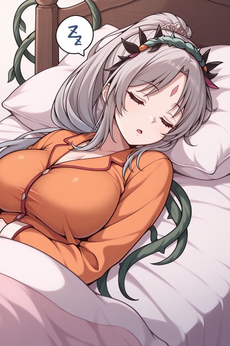 masterpiece, best quality, 1girl, solo, <lora:feplumeria-illu-nvwls-v1-000006:1> baseplmra, grey hair, ponytail, forehead mark, large breasts, hairband, tiara, vines, orange pajamas, big breasts, sleeping, bed, pillow, open mouth, closed eyes, lying in bed spoken zzz, dark
