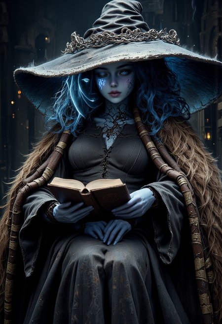 sexy, Dark Moody Atmosphere, Avant-garde, painting, sexy, erotic, best quality, masterpiece (Luis Royo style drawing), extremely detailed, great lighting, BREAK, quality, intricate details, Mystical light, Fog., sexy, beautiful sorceress Ranni, cloaked, extra arms, large hat, casting thunder magic spells, magic circle, hkmagic, tomes in background, magic book, ritual, vials, potion, sultry, mesmerising expression, black magic fantasy crypt, pentagram drawn on the floor with magic runes, magical glow, dark and moody, full body, side view, shafts of light, High Definition HD, High Detail, Perfect Composition,  <lora:FluxR4nni:1> <lora:FluxMythP0rtr4itStyle:0.7>  <lora:aidmaHyperrealism:0.5> aidmaHyperrealism <lora:FantasyWizardWitchesFlux:0.6>