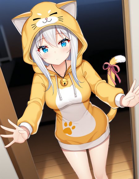 masterpiece, best quality, amazing quality, ultra detail, good anatomy, good hand,
BREAK <lora:hagiwara-michiru Imokone - todoketai koigokoro(MitsuYukiTyakai)-illustrious:0.7> hagiwara-michiru. white hair, long hair, medium breasts, blue eyes, 
BREAK outfit03, animal costume, hooded one-piece dress, yellow dress, paw print dress, short dress, hoodie, cat hoodie, cat ears, hood straps, hood up, bell necklace, cat tail, tail ribbon, bare legs,
BREAK dynamic angle, 1girl, posing, in room,