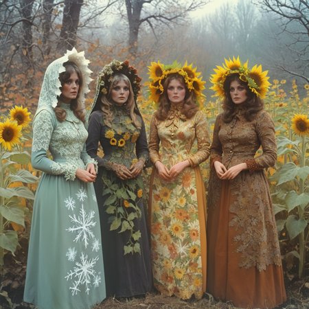 <lora:70sHorrorMovie2SDXL:1> ArsMovieStill, movie still from a 1970s horror movie, Four women representing the seasons, each dressed in richly detailed garments. They stand intertwined with the natural elements of their seasonsâspring blossoms, summer sunflowers, autumn leaves, and winter snowflakes.